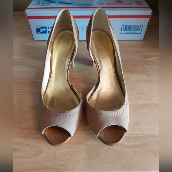 J.Crew Peep Toe Nubuck Tan Leather Heels Made In Italy 9 - Picture 3 of 9